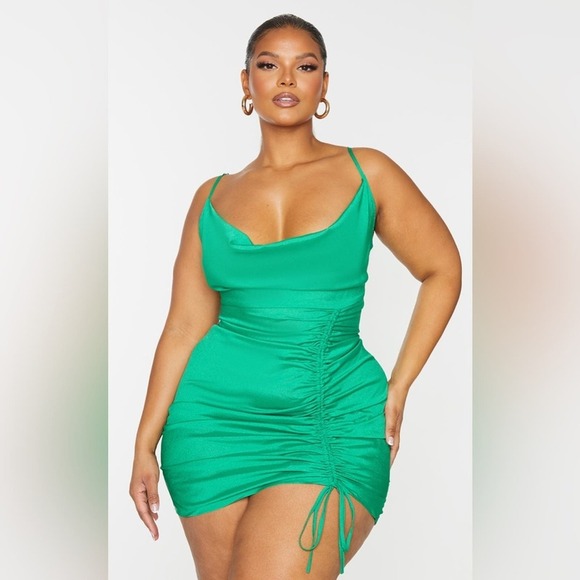 NWT PrettyLittleThing Bright Green Cowl Neck Ruched Front Bodycon Dress $42 - Picture 1 of 9